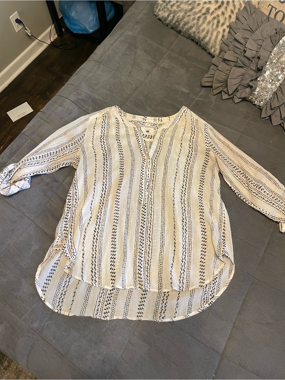 LOFT Cream and Black Striped V-Neck Tunic